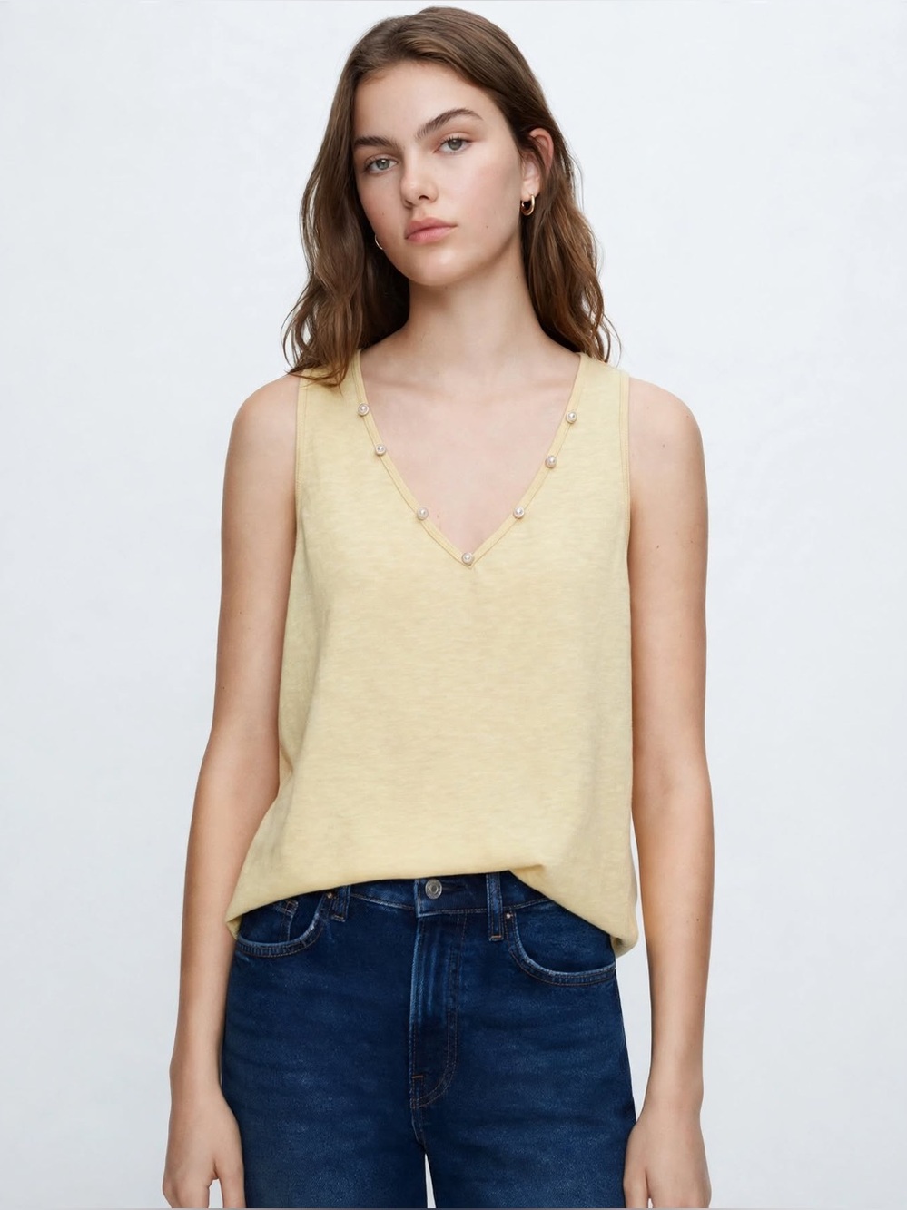 Zara Pale Yellow V-Neck Tank with Pearl Studs